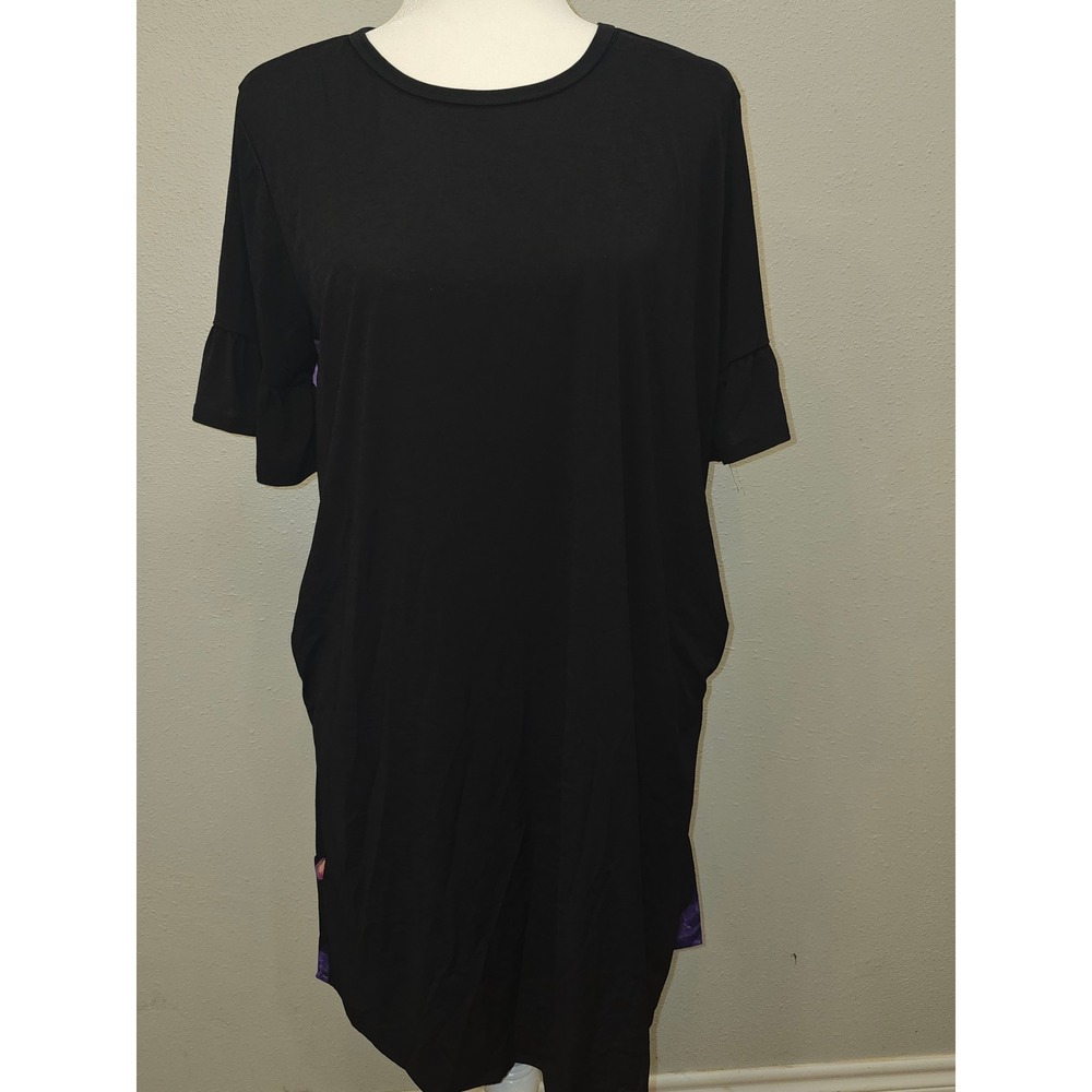 Heimish USA Black Purple Floral Ruffle Sleeve Pocket T-Shirt Dress